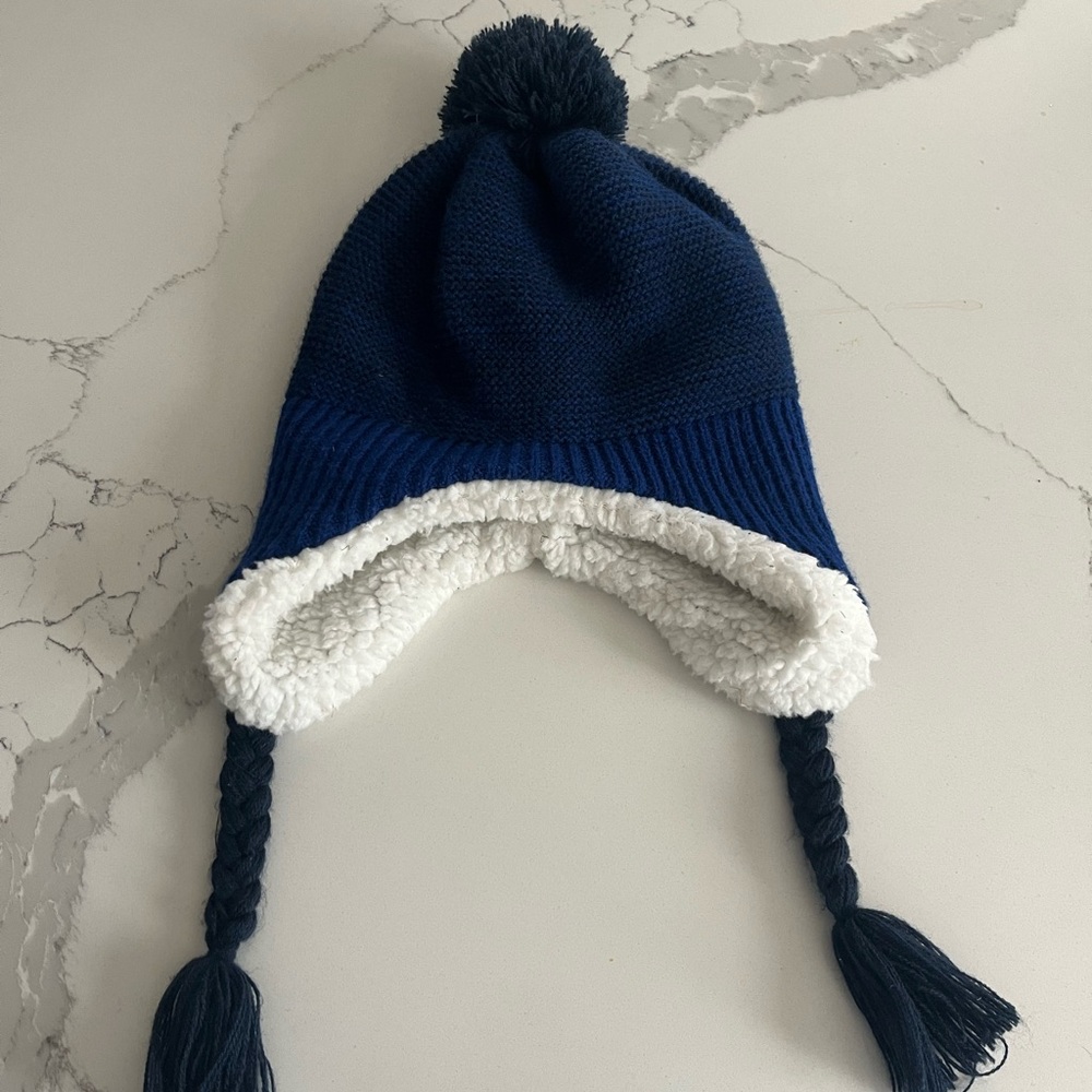 Capelli New York Trapper Beanie Hat Big Pom Blue White Striped Size Winter Ski